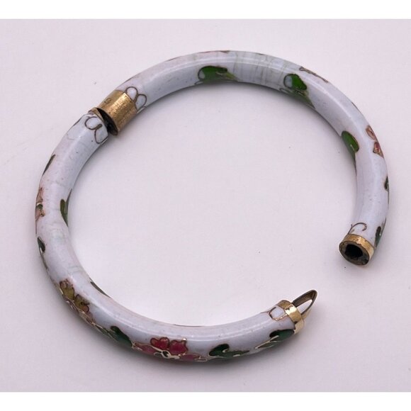 Vintage Cloisonne Floral Bangle Bracelet Hinged White with Flowers Damaged - Picture 10 of 10